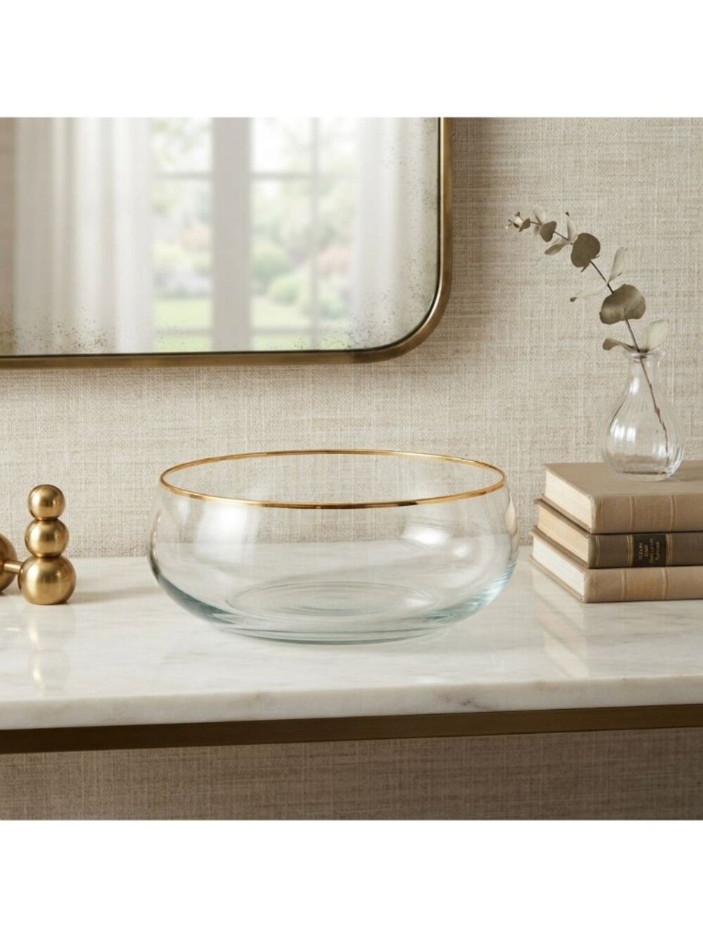 Mid Century Modern Gold Rim Glass Salad Bowl Centerpiece Decor